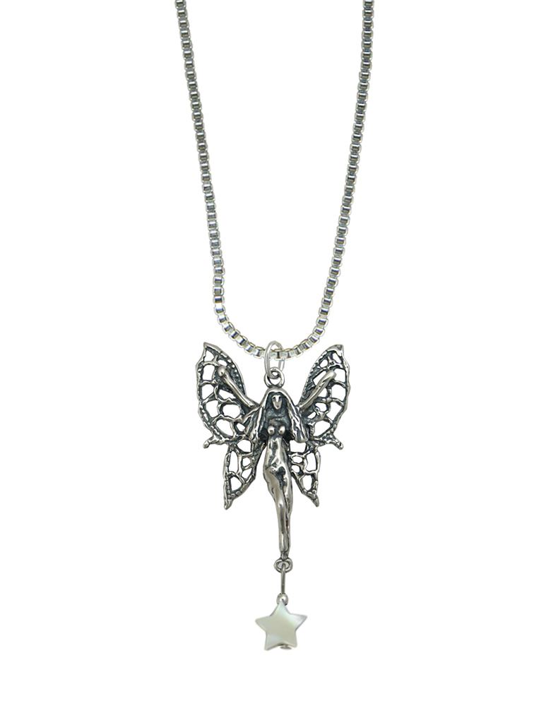 Sterling Silver Filigree Flying Fairy Pendant With Lucky White Star
